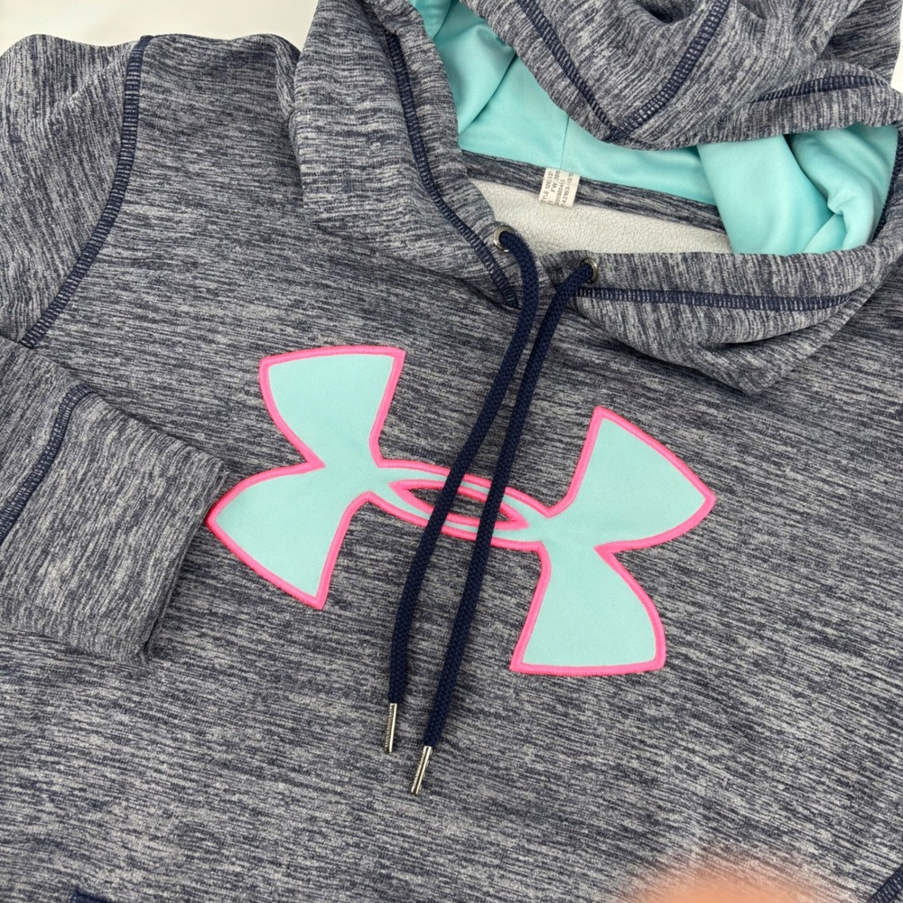 Under Armour Hoodie Women Medium Navy Blue‎ Excellent Teal Pink Logo 1263537